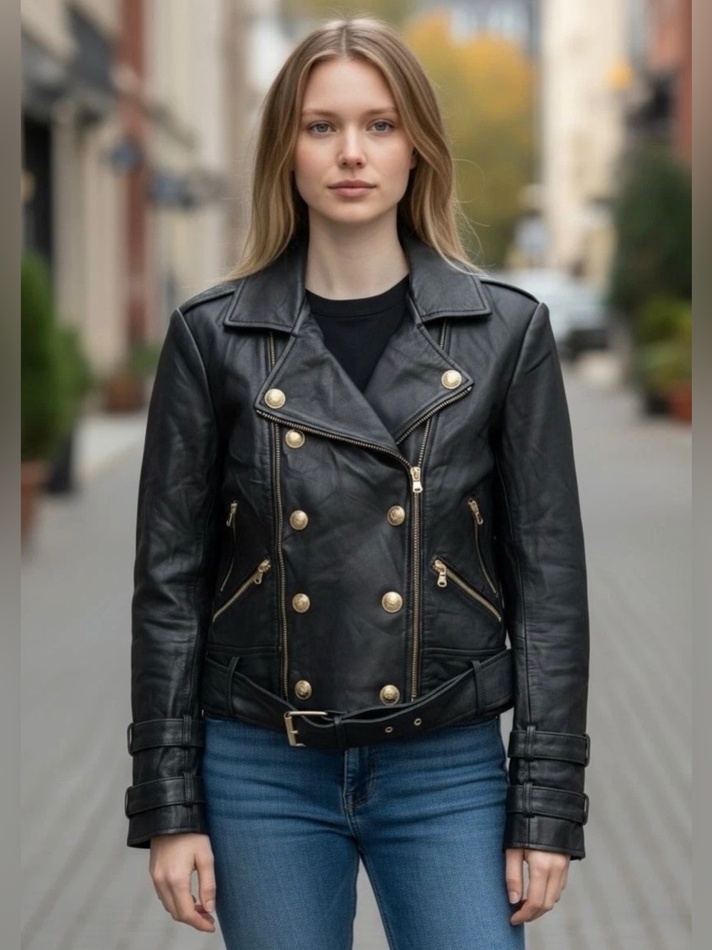 Saks Fifth Avenue Black Leather Double-Breasted Moto Jacket with Gold Hardware